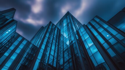 Wall Mural - Modern skyscrapers reflecting blue hues under a dramatic cloudy sky in an urban setting