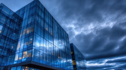 Wall Mural - Modern glass buildings under a dramatic sky with stormy clouds and illuminated interiors at dusk