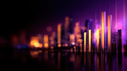 Wall Mural - Vibrant city skyline at night with colorful light reflections and abstract bars depicting growth