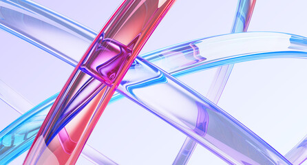 Wall Mural - iridescent liquid glass ribbons on light blue 3d background. rainbow crystal glossy curved stripes, 