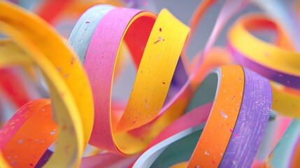 A vibrant, abstract composition of swirling ribbons showcases a playful energy and dynamic movement, utilizing a soft, diffused light to highlight the textures and color gradients.