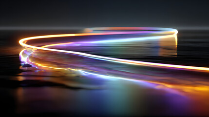Wall Mural - 3d rendering of a multicolored neon curved line withloops, glowing in the darkand reflected in a mirrore floor. Abstract synthwavebackground. Rainbow colors