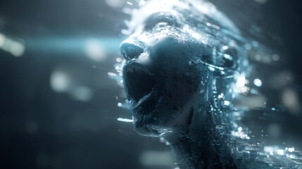 Wall Mural - A digital representation of a human face emerging from water. This surreal artwork combines realism with abstract elements. Ideal for science fiction or technology themes. AI