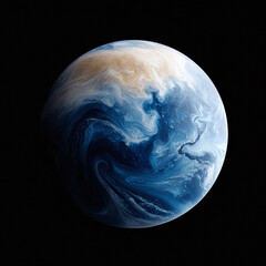 Abstract planet illustration in deep space. Swirling blues and sandy hues create a sense of wonder and cosmic beauty. Ideal for science, technology, and environmental themes.
