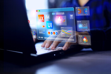 UX UI Design concept with designer working on laptop to design products or application and website interface by marketing information needs of user experience