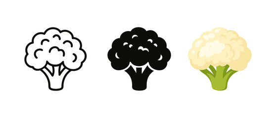Trio of cauliflower icons in bold black, line art, and colored styles
