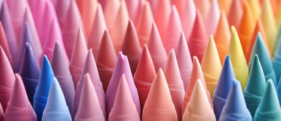 Cone shaped pastel objects aligned together. Pastel colors ranging from blue to pink to yellow in a colorful arrangement.
