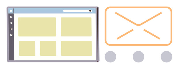 Web dashboard interface with sidebar, search bar, and content tiles next to envelope graphic. Ideal for communication, email management, content sharing, web development, teamwork, productivity