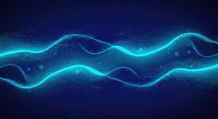Abstract blue and cyan glowing wavy lines with sparkling particles on a dark background, representing energy flow or digital data.
