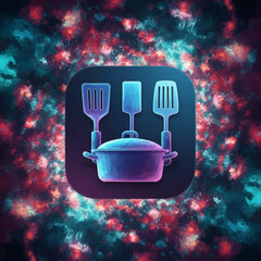Creative concept of a cooking application icon featuring glowing kitchen tools on a dramatic, abstract nebula background