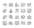 © Matsabe - Education and Learning, icon set. Online courses, studying, graduation, books, teachers, classrooms, diploma, university, knowledge, training, skills development, students. Line with editable stroke