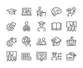 education and learning, icon set. online courses, studying, graduation, books, teachers, classrooms,