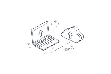 laptop cloud upload thin line icon digital mode technology