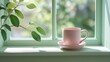 © Bakeke - A pale pink coffee cup and saucer rest on a light mint green windowsill, bathed in the soft sunlight filtering through the windowpane, showcasing a tranquil and peaceful scene.