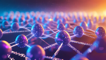 Wall Mural - Abstract digital rendering of interconnected spheres, glowing with blue and orange light, representing a network.