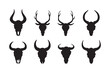 © salzcreative - Deer and bison skull with horn silhouette element design set. Western animal skull and antlers icons pack. Wild bull skull head with horns symbol sign collection rustic design. Vector Illustration