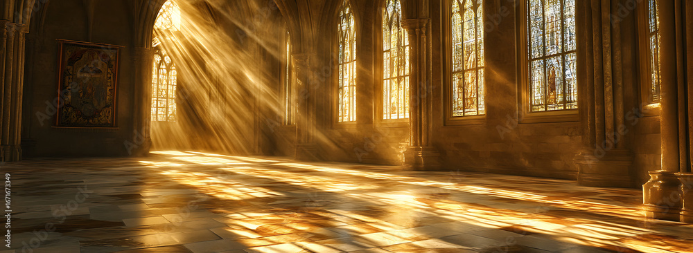 Golden Light Rays in Historic Church Stained Glass Window,
Abstract Light Patterns from Stained Glass Windows