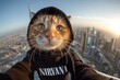 © Filippo Carlot - Ginger cat wearing nirvana hoodie taking selfie above dubai skyline