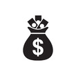 © Ella - A black and white illustration of a money bag filled with cash and coins with a dollar sign on it