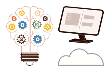 Lightbulb with colorful gears, monitor with app interface, and cloud illustration. Ideal for innovation, technology, data processing, creativity, cloud computing, brainstorming and teamwork