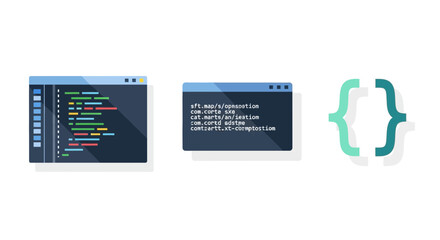Coding windows displaying source code with curly braces symbol representing software development and programming in a modern, minimalist style.