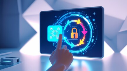 flat style illustration of hand pushing a button on a touch screen