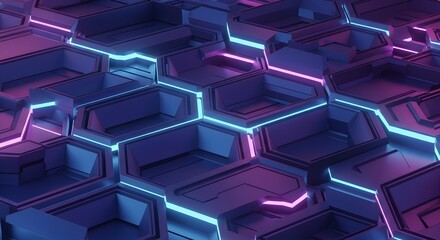 Abstract futuristic background with interconnected hexagonal shapes and glowing blue and pink neon lines, representing digital technology and networks.