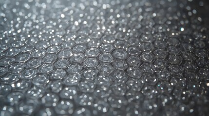 A close-up macro shot of a repetitive hexagonal pattern with a glossy, crystalline surface, creating a futuristic, geometric texture with a bokeh effect