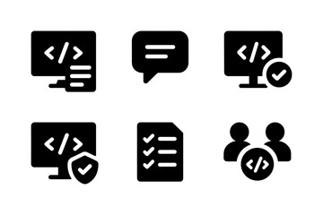 Coding and development icons set featuring programming, security, and communication