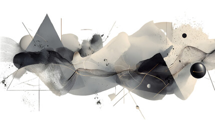 Abstract monochrome art with geometric and organic shapes isolated on transparent background