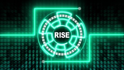 Futuristic Neon Green Circular Interface with Binary Code Background and RISE Text technology digital