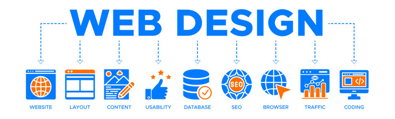 Web design banner web icon vector illustration concept with icon of website, layout, content, usability, database, seo, browser, traffic, and coding