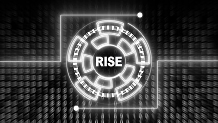 Monochrome Futuristic Circular Interface with Binary Code Background and RISE Text technology digital