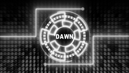 White Neon Futuristic HUD Circle with Binary Code Background and DAWN Text interface technology