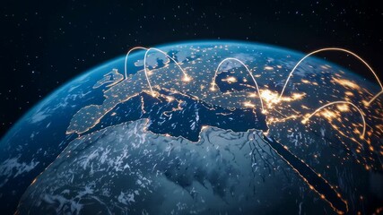 Wall Mural - Global Network of Data Connections Arcing Over Illuminated Earth at Night.