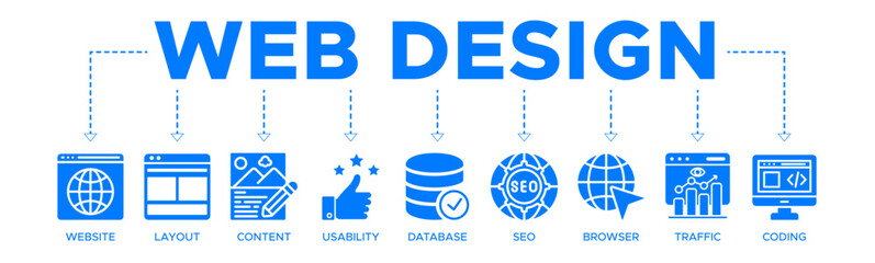 Web design banner web icon vector illustration concept with icon of website, layout, content, usability, database, seo, browser, traffic, and coding