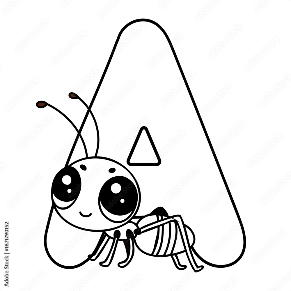 Cute cartoon ant with letter a outline for children's alphabet learning ...