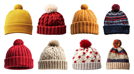 Wall Mural - PNG Colorful knitted winter hats, element set on transparent background
