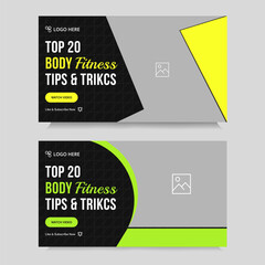 Wall Mural - Video thumbnail set body fitness new idea tips and tricks video cover banner design, workout plan video thumbnail banner design, editable vector eps 10 file format