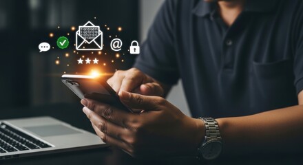A person uses a smartphone, with icons representing email, security, and communication floating above