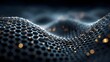 © horizon - Gently waving, dark blue surface is made of a glowing hexagonal lattice, representing advanced materials like graphene or complex network structures.