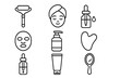 © Myung - Skincare and beauty routine line icon set. Self-care, spa and cosmetic product symbols. Face roller, gua sha, serum, mask. Vector outline dermatology & wellness collection.