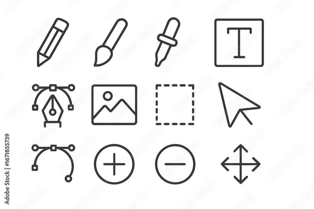 Graphic design and photo editing tools icon set. Vector line art ...