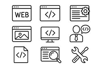 Web development icon set in linear style for digital design, coding, programming, testing, software engineering, developer tools, and technology concepts, vector cartoon illustration