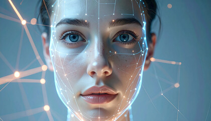 Technological Portrait: Captivating view of a person's face, with intricate network lines overlaying the skin and digital representation, conveying the nexus of human and technological interface.