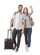 © kite_rin - Beautiful happy couple full length portrait isolated transparent PNG, Young joyful smiling woman and man walking with suitcase isolated transparency. Love, travel, tourism, students concept