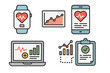 © Aretha - Health tech icon set. Medical data management and patient monitoring concept. Vector icons of smartwatch, phone, and laptop with health analytics, graphs, and EHR chart.
