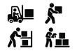 © Skylar - Warehouse worker icons. Logistics and shipping glyph set. Operator driving forklift, mover carrying box, stock clerk with inventory list and person shelving parcel vector.