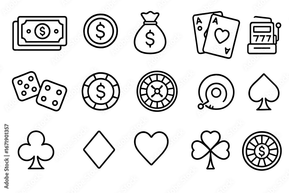 Casino and finance line icon set. Gambling and money linear pictograms. Vector symbols collection of betting, poker, slot machine, roulette, dice, cards, jackpot and wealth.