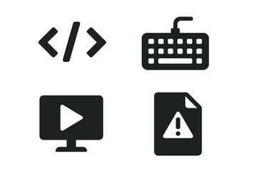 Programming tools icon set. Solid glyph pictograms for software development. Code brackets, keyboard, compiler run script, and error file alert vector symbols for web UI UX.